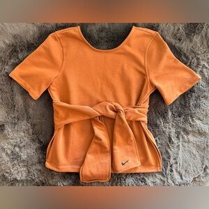 NWOT, Nike Studio Yoga Wrap Top Dri Fit Short Sleeve Tie Waist, Peach, Size S